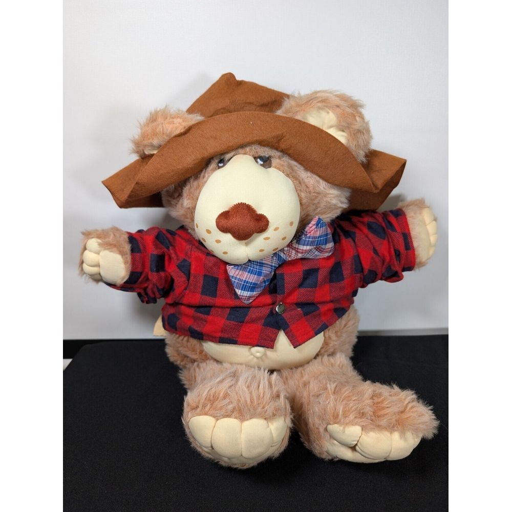 VTG 1984 Cabbage Patch FURSKINS DUDDLY Bear Plaid Overalls 22" Xavier Roberts B4